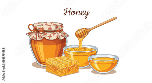 Assorted honey products including a traditional glass jar, wooden dipper, fresh honeycomb, and small glass bowls on a clean white surface.
