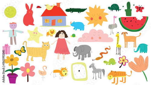 Cute Kids Learning Vector, Hand Drawn Child Education Elements, School and Play Illustration
