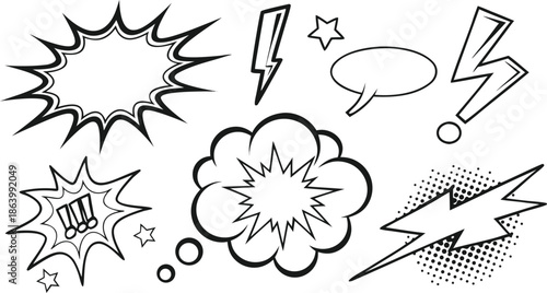 Set of comic effect shape with pop art style.  Comic surprise, attention and inspiration effect. Comic speech bubbles halftone dot background.
 vector illustration isolated