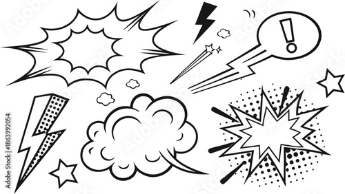 Set of comic effect shape with pop art style.  Comic surprise, attention and inspiration effect. Comic speech bubbles halftone dot background.
 vector illustration isolated