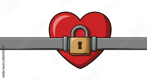Bright red heart shape locked behind a grey metal bar with a golden padlock, representing love, security, or a guarded heart in a metaphor.