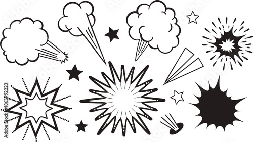 Set of comic effect shape with pop art style.  Comic surprise, attention and inspiration effect. Comic speech bubbles halftone dot background.
 vector illustration isolated