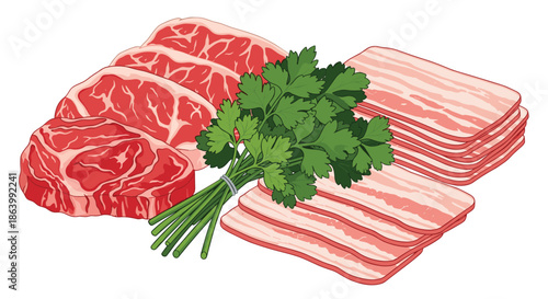 Selection of high-quality raw beef steaks and sliced bacon strips arranged with a bunch of fresh green parsley ready for gourmet cooking.