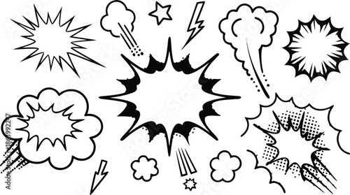 Set of comic effect shape with pop art style.  Comic surprise, attention and inspiration effect. Comic speech bubbles halftone dot background.
 vector illustration isolated