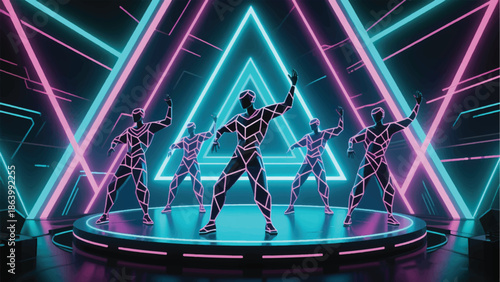 Illustration Of A Rotating Geometric Stage, Intersecting Triangular Lasers, Futuristic Avatars Dancing In A Neon Polygon Pattern Vector Design Template