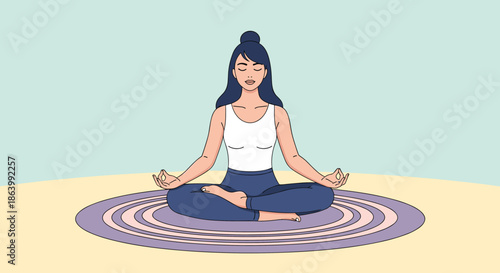 Young woman practicing mindfulness and yoga while sitting in a serene lotus meditation pose on a colorful circular patterned mat.