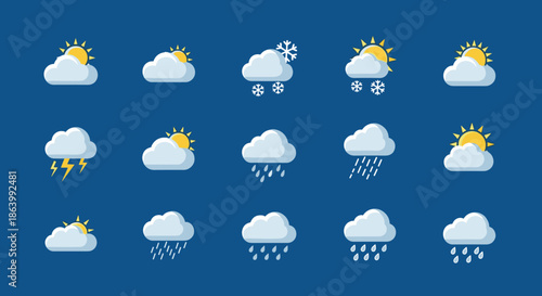 Extensive collection of weather forecast icons depicting sunny, cloudy, rainy, snowy, and stormy conditions on a dark blue background.