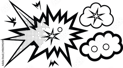 Set of comic effect shape with pop art style.  Comic surprise, attention and inspiration effect. Comic speech bubbles halftone dot background.
 vector illustration isolated