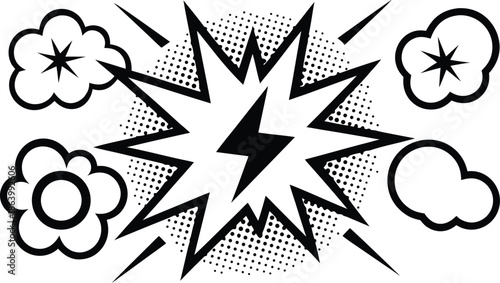 Set of comic effect shape with pop art style.  Comic surprise, attention and inspiration effect. Comic speech bubbles halftone dot background.
 vector illustration isolated