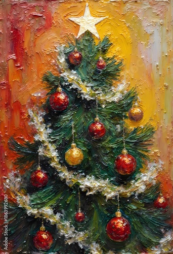 A Christmas tree stands tall decorated with shiny red and gold balls along with a star at the top. The background features colors representing the festive season of joy and celebration Generative AI