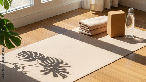 Aesthetic sunlight scene with accessories creating a Home yoga sanctuary. Perfect for interior design blogs, wellness websites, and social media backgrounds.