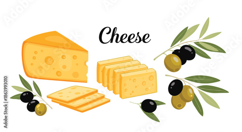 Selection of gourmet yellow cheese including a large wedge and thin slices paired with black and green olives on fruiting branches.