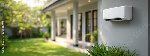 Air conditioning unit on the exterior wall of a house with a covered porch and green lawn.