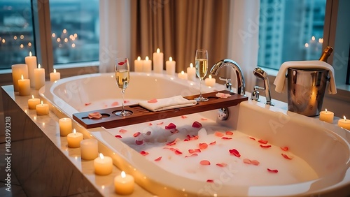 A romantic bubble bath setup with candles and champagne in a luxurious bathroom
