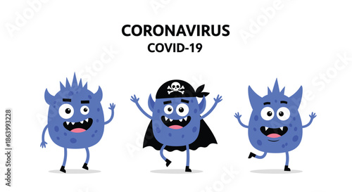 Set of three friendly blue cartoon virus characters including one monster dressed as a pirate with a skull hat and black cape.