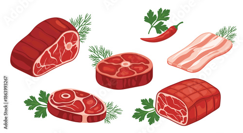High-quality selection of raw meat cuts featuring beef steaks, roasts, and bacon garnished with parsley, dill, and a red chili pepper.