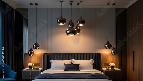 A luxurious modern bedroom with a large bed and stylish lighting fixtures