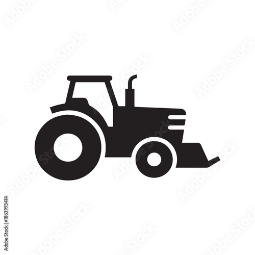 Black Silhouette Icon of Agricultural Farm Tractor Machinery on White Background.