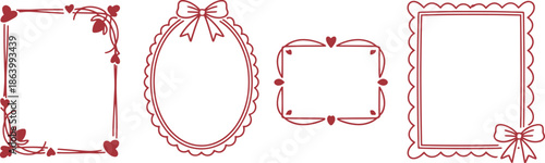 Large set of red decorative frame borders with romantic heart ornaments and elegant ribbon bows for Valentine's Day greeting cards and wedding invitations isolated on transparent background.