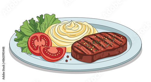 Hearty dinner meal of grilled beef steak served on a light blue ceramic plate with mashed potatoes, fresh tomatoes, and lettuce.