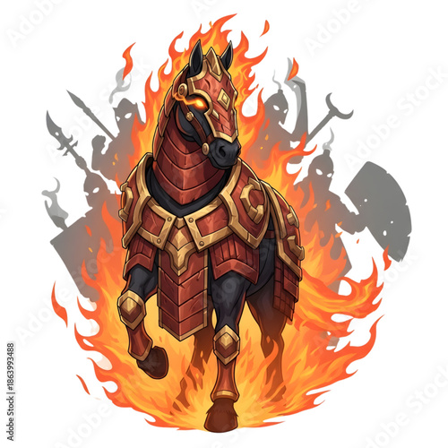 Illustration of a red armored horse with flames and warriors in the background, symbolizing Happy Chinese New Year with a fiery and celebratory mood.