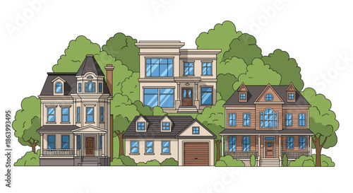 Picturesque row of three different suburban residential houses with various architectural styles surrounded by lush green trees.