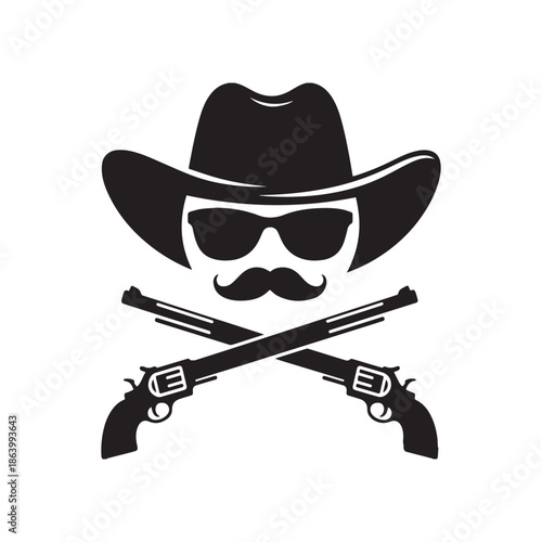 Cool Stylized Cowboy Face with Sunglasses Mustache and Crossed Revolvers.