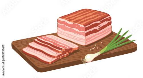 Sliced raw bacon strips and a whole piece of smoked pork belly placed on a wooden cutting board with fresh green onion stalks.