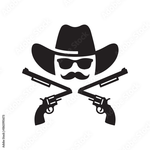 Cool Stylized Cowboy Face with Sunglasses Mustache and Crossed Revolvers.