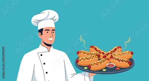 Happy male chef in professional white uniform holding a large tray filled with steaming hot dogs topped with mustard and ketchup.