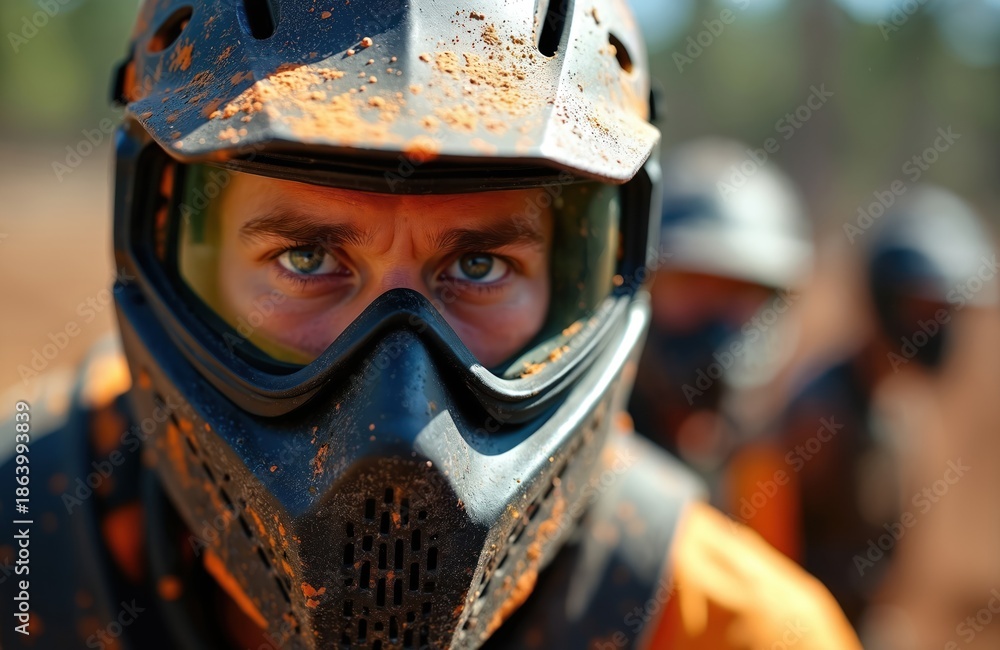 Naklejka premium Paintball player wears helmet with orange paint splatters. Intense eyes look directly at camera. Teammates blurred in background. Action sport ready.