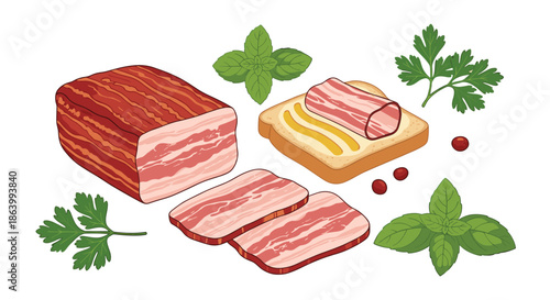 Thick slab of smoked bacon alongside thin slices, a piece of toast with mustard, fresh basil leaves, parsley, and small red berries.
