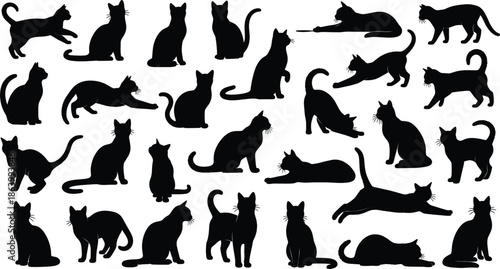 Black cat silhouette set in different poses sitting walking jumping playing animal vector illustration