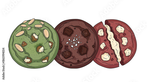 Flat 2D Vector Illustration of Three Soft Cookies Matcha Chocolate and Red Velvet