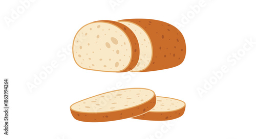 Sliced loaf of white bread with individual pieces shown separately to illustrate fresh bakery products for a simple food concept.