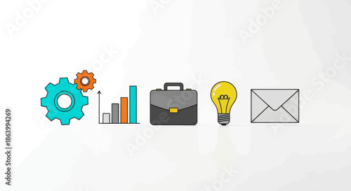 Business growth strategy icons set marketing analytics gear briefcase lightbulb email communication success planning innovation startup development concepts