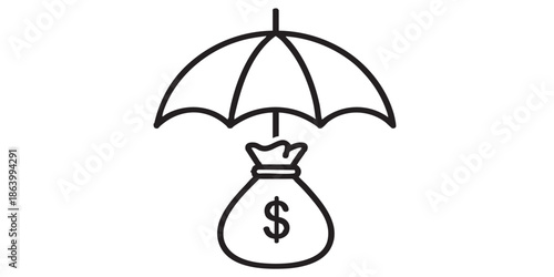 Money bags under parasol, umbrella thin line icon, savings concept. Vector graphics. Deposit portfolio revenue safety sign on white background, outline style icon for mobile or web desig