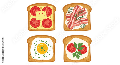 Four types of breakfast toast featuring various toppings like cheese with tomato, bacon with dill, fried egg, and cream with herbs.