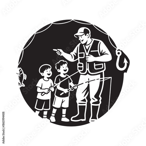 Father and Two Sons Fishing Together Black Silhouette Vector Graphic Circular Design.