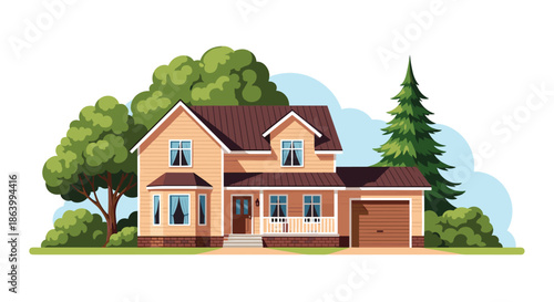 Modern suburban two-story house with a wooden facade, a white porch, a garage, and surrounded by lush green trees and a fir tree.