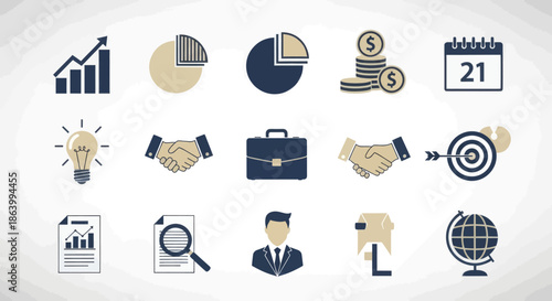 Business icons set growth chart finance investment meeting calendar idea handshake deal target report search man house globe success strategy planning analysis data