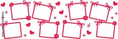 Set of romantic red square frames with decorative ribbon bows hearts and sparkling stars for Valentine's Day greeting cards isolated on transparent background.