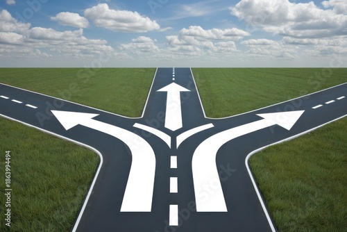 Asphalt road splits into three directions with white arrows in green field intersection