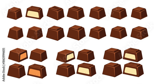 Large assortment of square chocolate pralines and candies with various fillings like cream and caramel shown in different views.