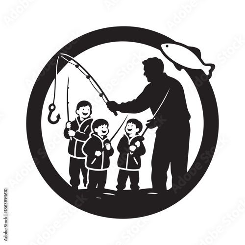 Father and Two Sons Fishing Together Black Silhouette Vector Graphic Circular Design.