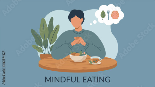 Mindful eating concept with healthy food and mental well-being icons
