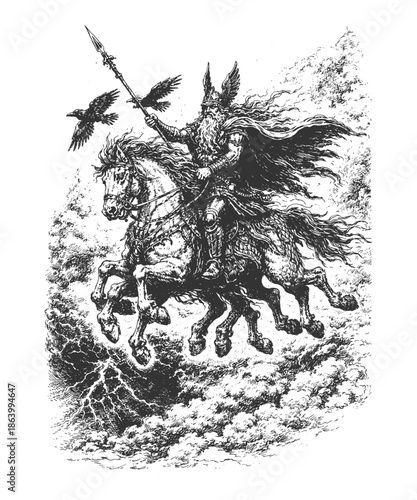Odin the Allfather riding his mythical horse through stormy skies, powerful black and white hand drawn engraving style Norse mythology illustration