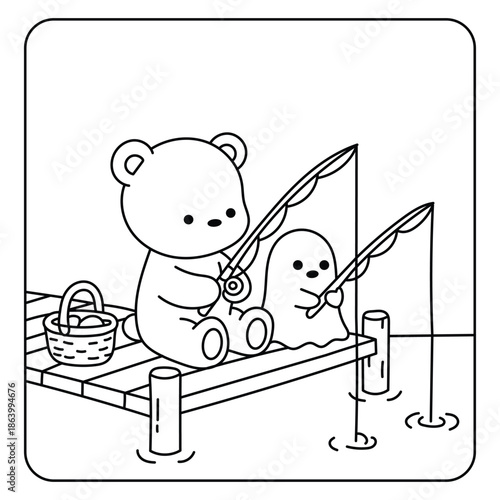 Cute Bear and Little Ghost Fishing on Wooden Pier Coloring Page Illustration