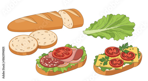 Long French baguette with slices, a fresh lettuce leaf, and two different sandwiches with meat, tomato, and cheese on a white background.