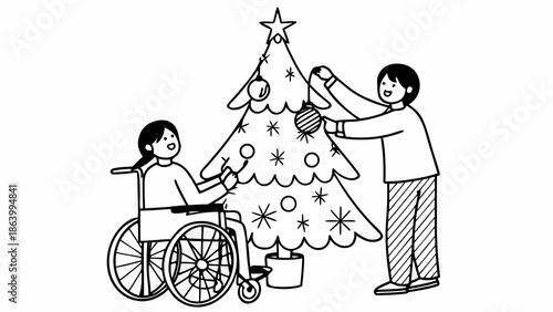 Christmas Tree Decoration with Family Line Art Illustration